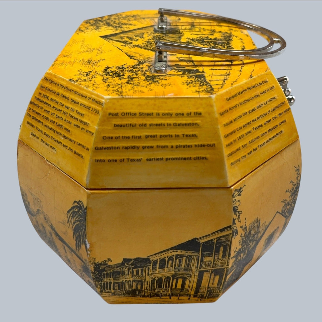 Second Half Supply Co, LLC vintage yellow octagonal wooden box purse with Texas landmark decoupage and metal handles.