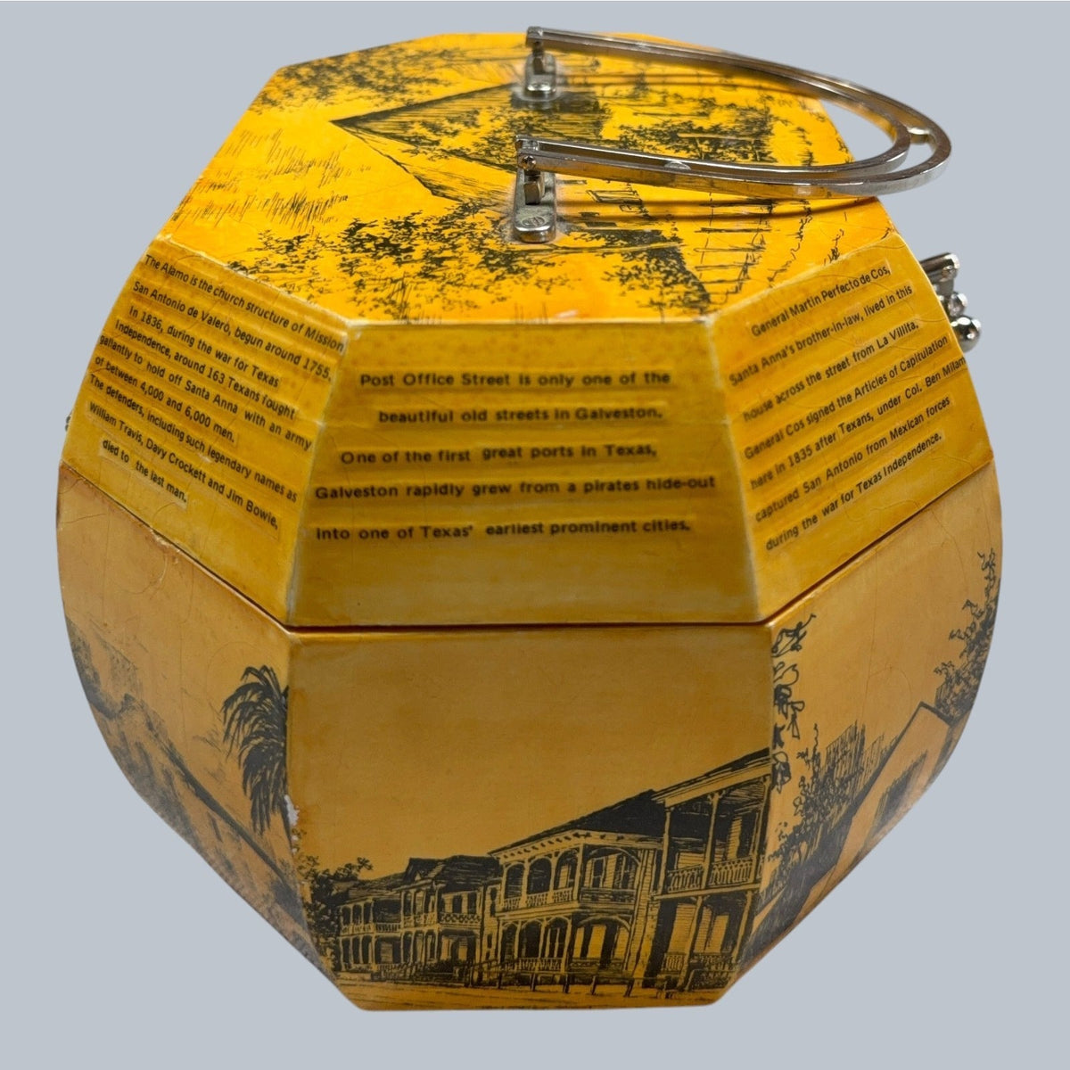 Second Half Supply Co, LLC vintage yellow octagonal wooden box purse with Texas landmark decoupage and metal handles.