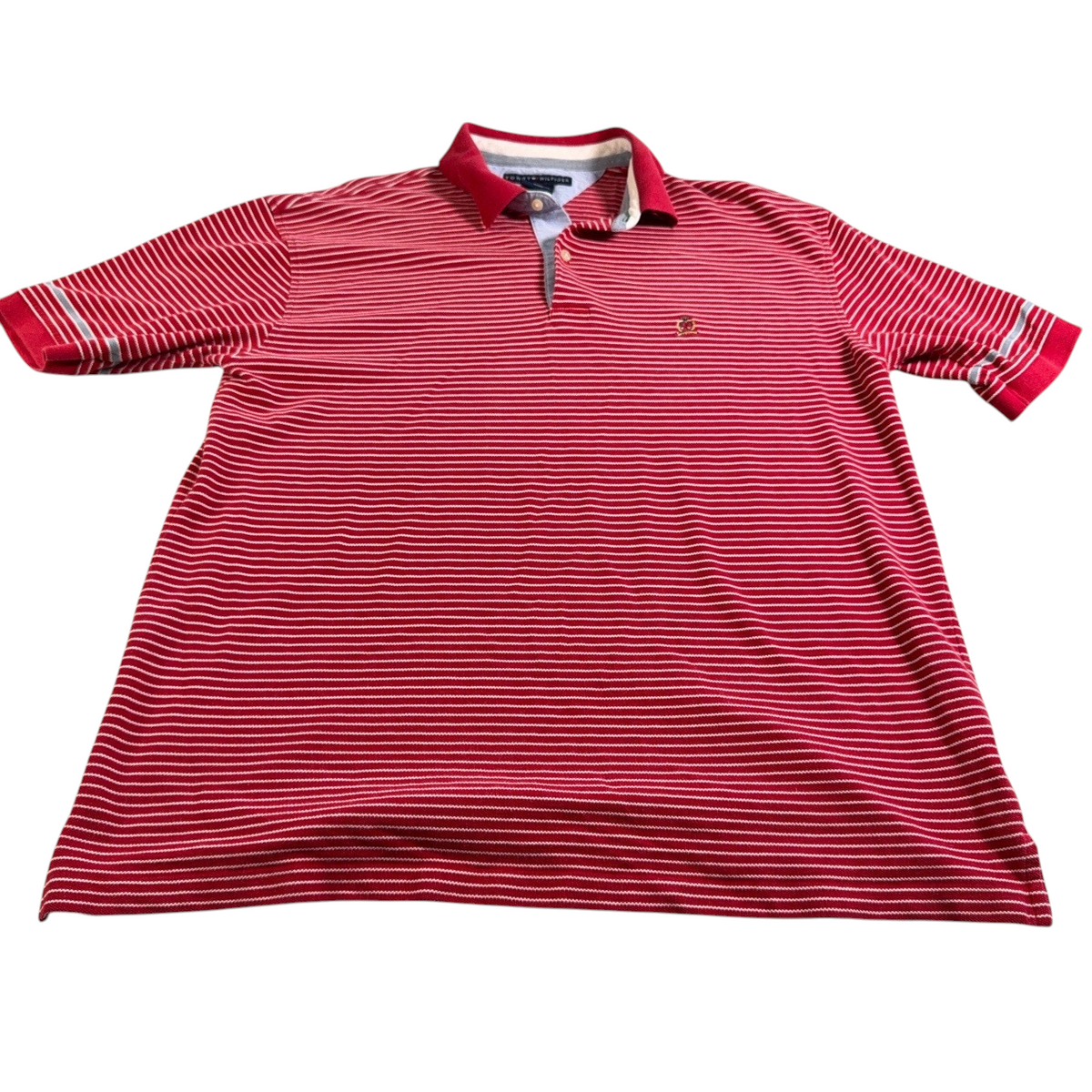 Second Half Supply Co, LLC vintage Y2K Tommy Hilfiger red and white striped cotton polo shirt with crest logo