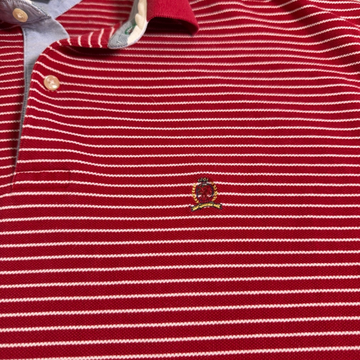Second Half Supply Co, LLC vintage Y2K Tommy Hilfiger red and white striped cotton polo with embroidered crest logo