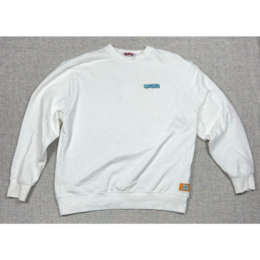 Second Half Supply Co, LLC white New Jack crewneck sweatshirt with turquoise chest logo and orange hem patch