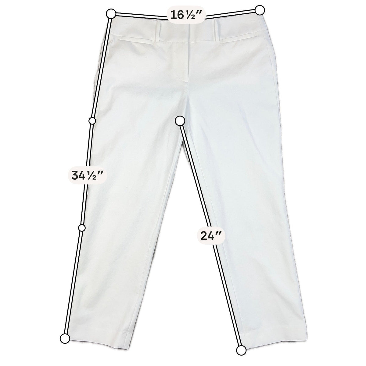 Second Half Supply Co, LLC white Ann Taylor LOFT Marisa cropped straight-leg dress pants with measurement overlays.