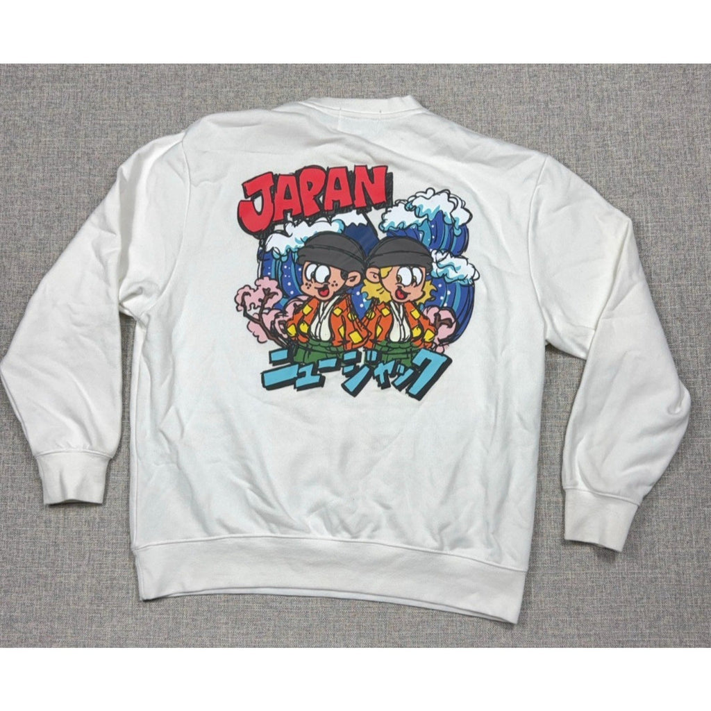 Second Half Supply Co, LLC white crewneck sweatshirt featuring a colorful Japan cartoon back graphic with waves