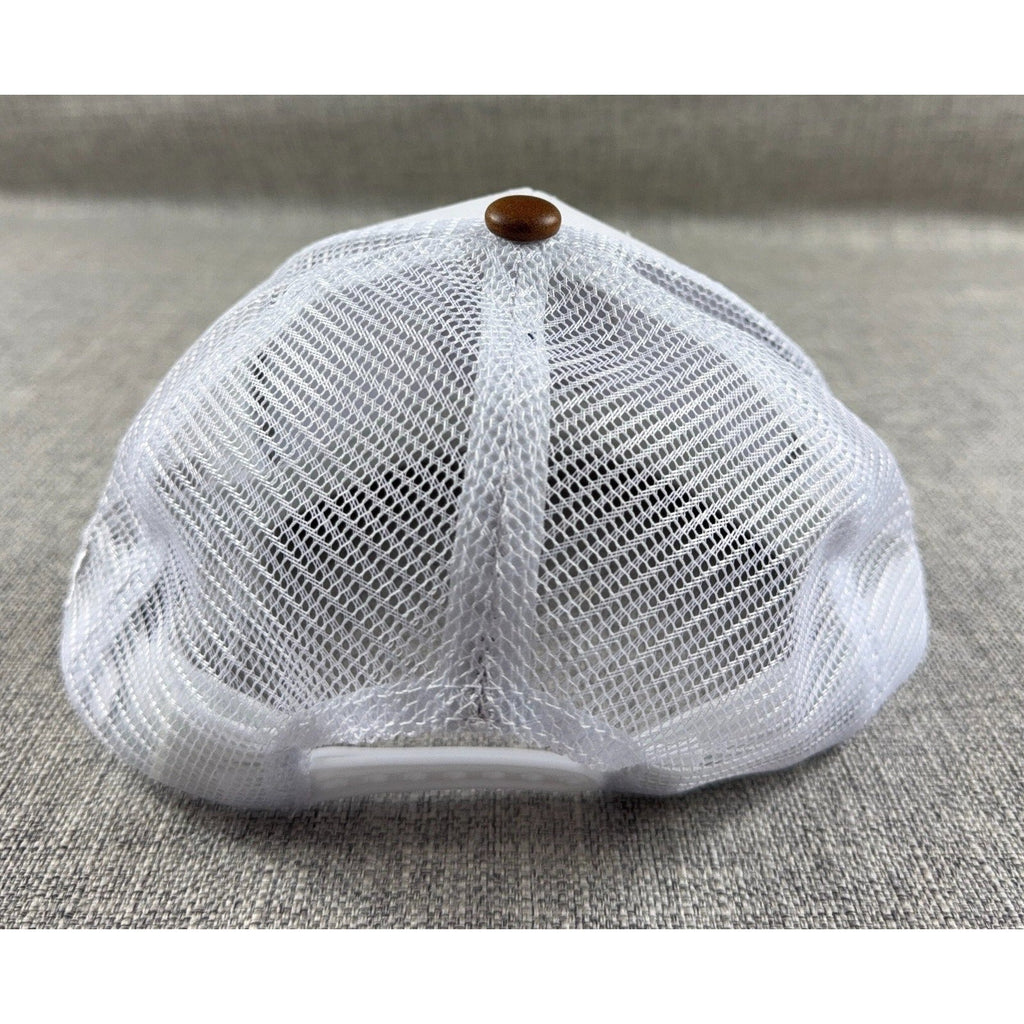 Second Half Supply Co, LLC white mesh trucker hat back view with brown top button and adjustable snapback closure