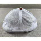 Second Half Supply Co, LLC white mesh trucker hat back view with brown top button and adjustable snapback closure