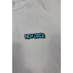 Second Half Supply Co, LLC white crewneck sweatshirt featuring a small turquoise New Jack logo on the chest
