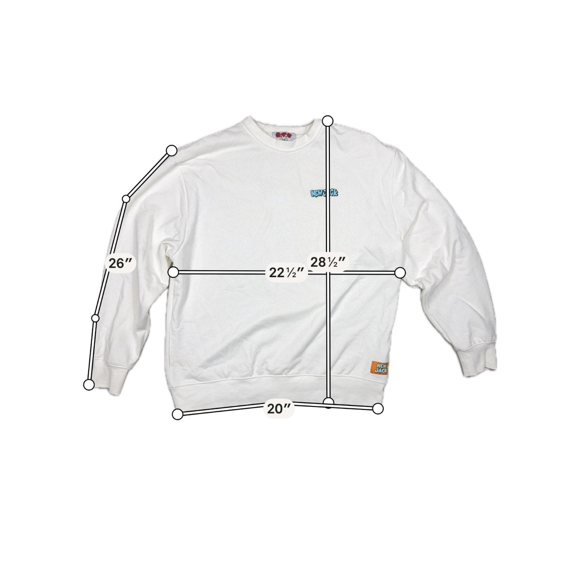 Second Half Supply Co, LLC white New Jack ATC crewneck sweatshirt with chest logo and measurement overlays