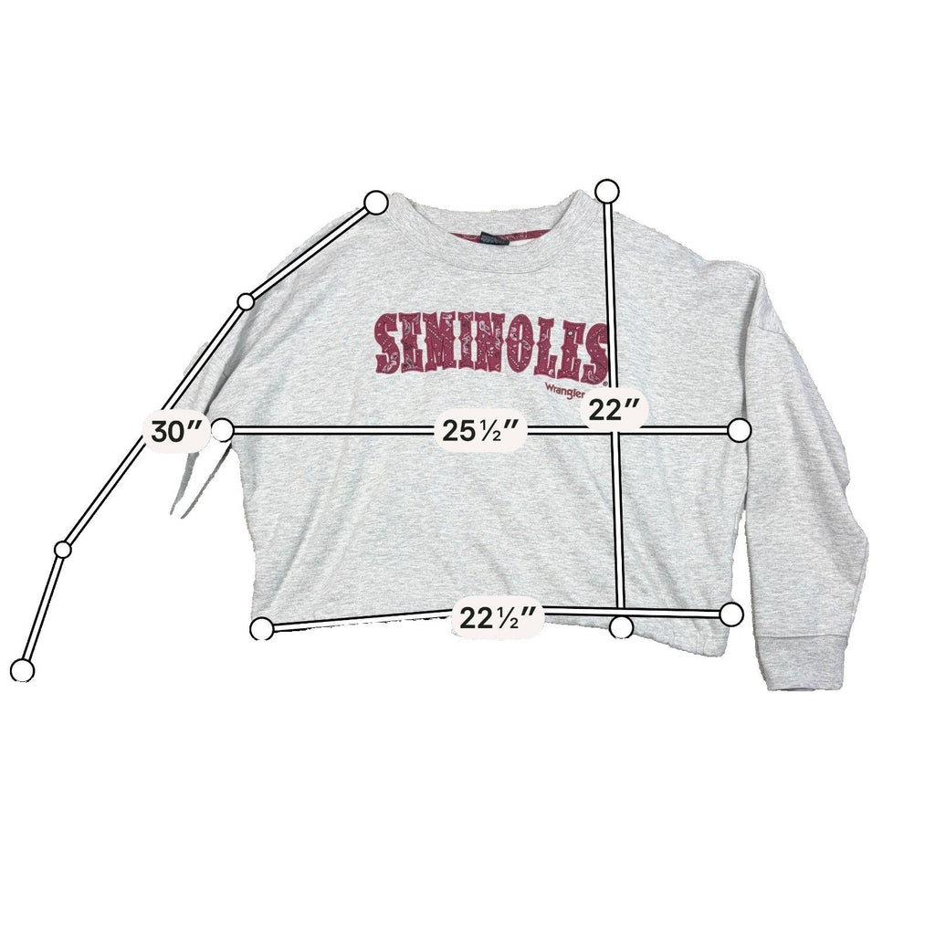 Second Half Supply Co, LLC heather gray Wrangler FSU Seminoles cropped sweatshirt with garnet paisley lettering.