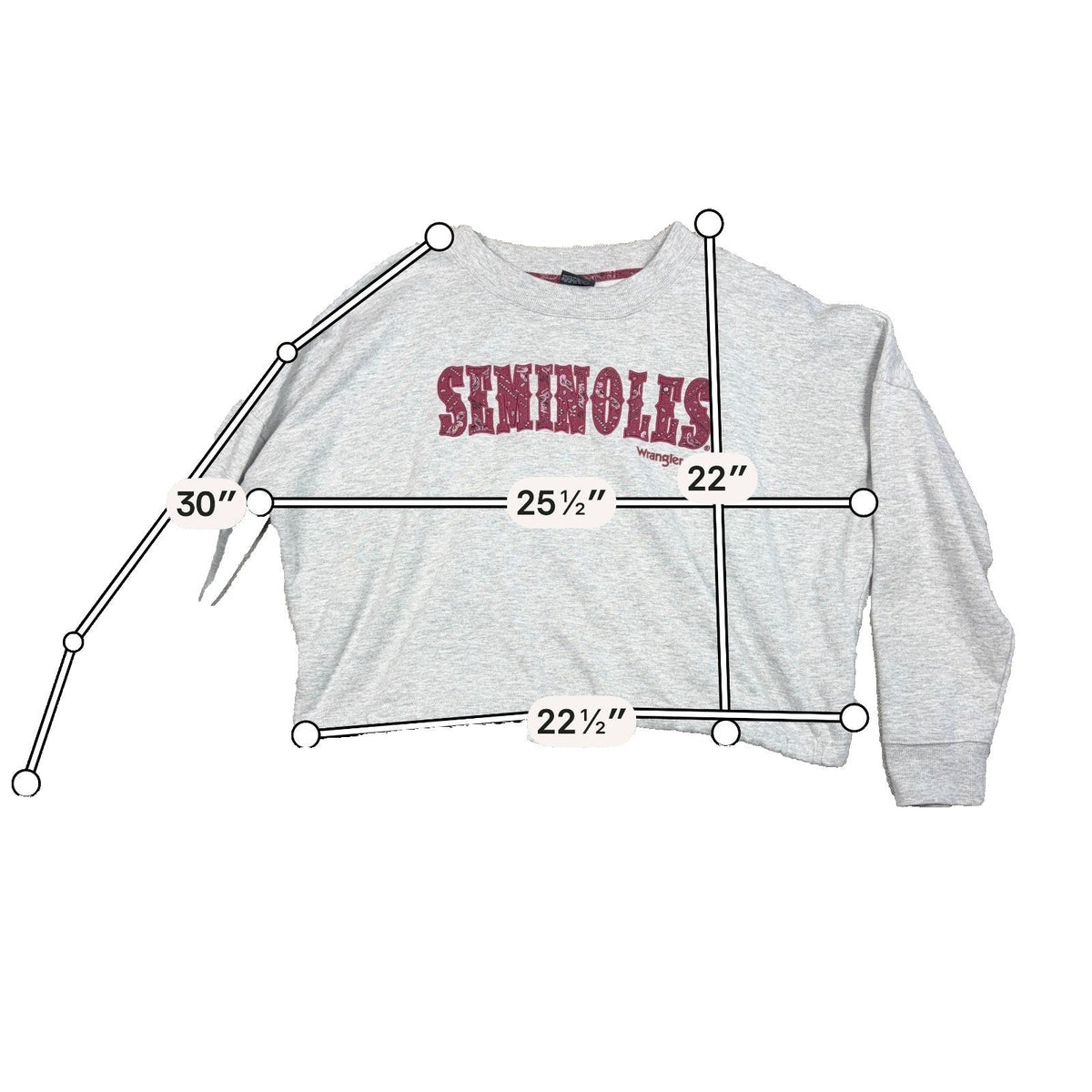 Second Half Supply Co, LLC heather gray Wrangler FSU Seminoles cropped sweatshirt with garnet paisley lettering.