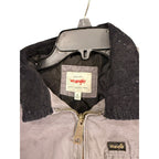 Second Half Supply Co, LLC Wrangler gray canvas work jacket with a black corduroy collar and quilted interior lining.