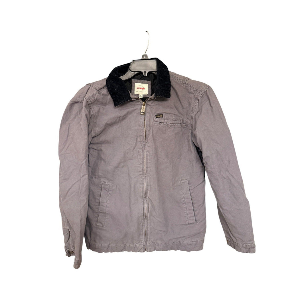 Second Half Supply Co, LLC Wrangler gray canvas work jacket with black corduroy collar and front zipper closure