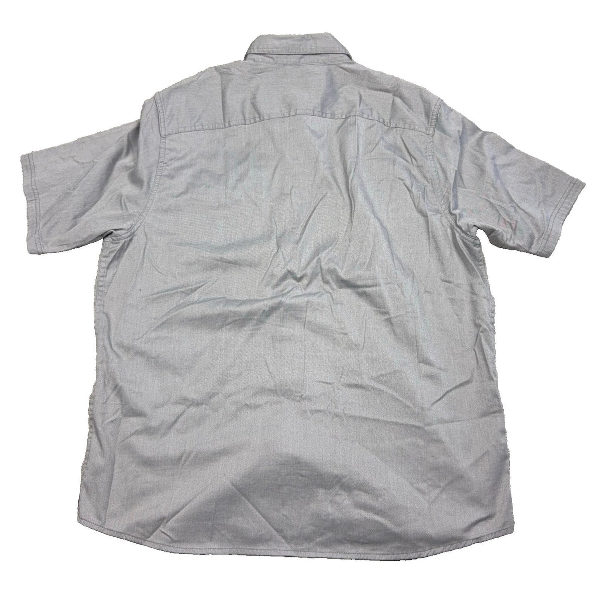 Back view of a gray Wrangler short sleeve button-up shirt with a curved hem from Second Half Supply Co, LLC.
