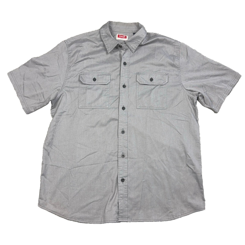Second Half Supply Co, LLC gray Wrangler short sleeve button-up shirt with two chest pockets and a pointed collar.
