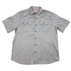 Second Half Supply Co, LLC gray Wrangler short sleeve button-up shirt with two chest pockets and a pointed collar.