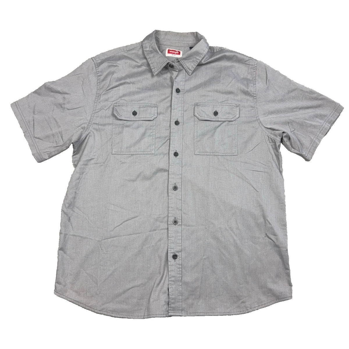 Second Half Supply Co, LLC gray Wrangler short sleeve button-up shirt with two chest pockets and a pointed collar.