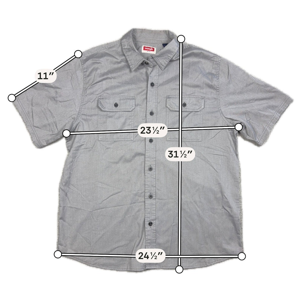 Second Half Supply Co, LLC gray short sleeve Wrangler button-up shirt with two chest pockets and measurement overlays
