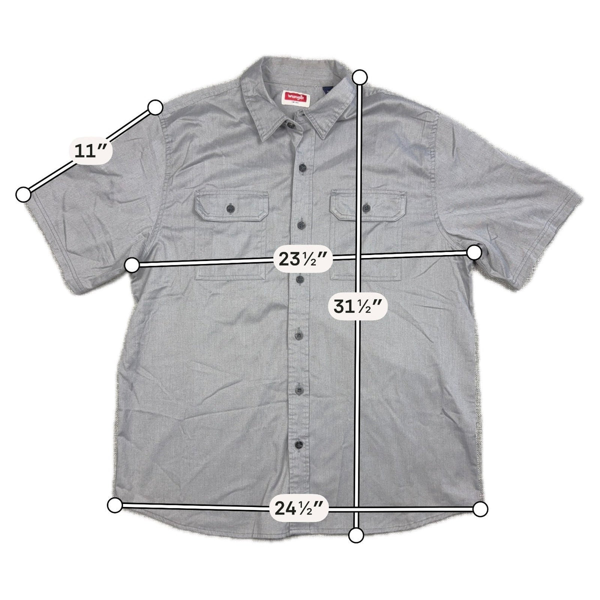 Second Half Supply Co, LLC gray short sleeve Wrangler button-up shirt with two chest pockets and measurement overlays