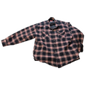 Second Half Supply Co, LLC Wrangler men's navy and burgundy plaid quilted-lined flannel shirt jacket with button front.