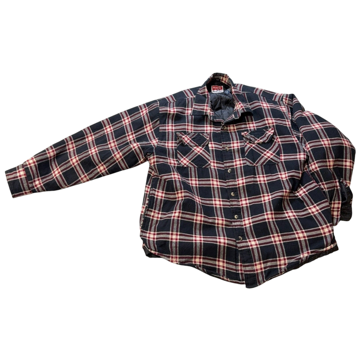 Second Half Supply Co, LLC Wrangler men's navy and burgundy plaid quilted-lined flannel shirt jacket with button front.