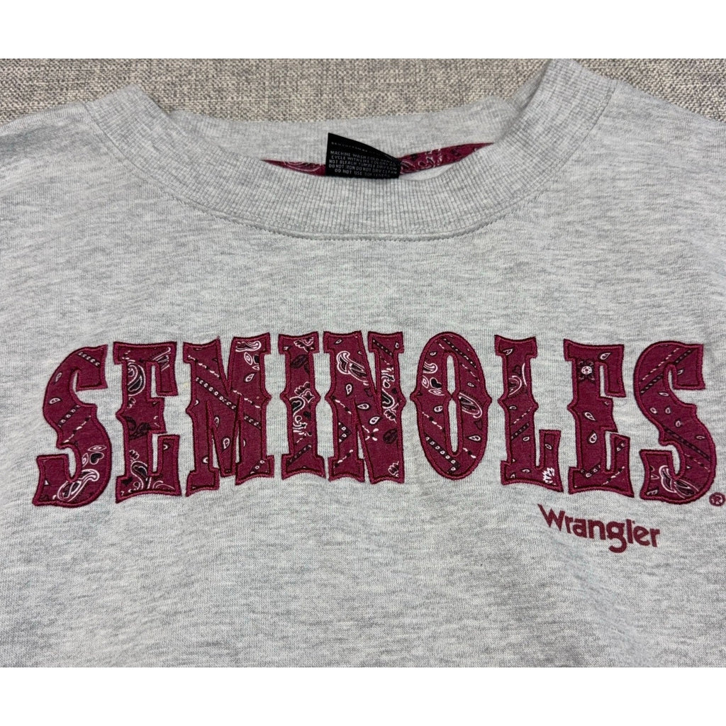 Second Half Supply Co, LLC heather gray Wrangler sweatshirt with garnet paisley Seminoles appliqué lettering