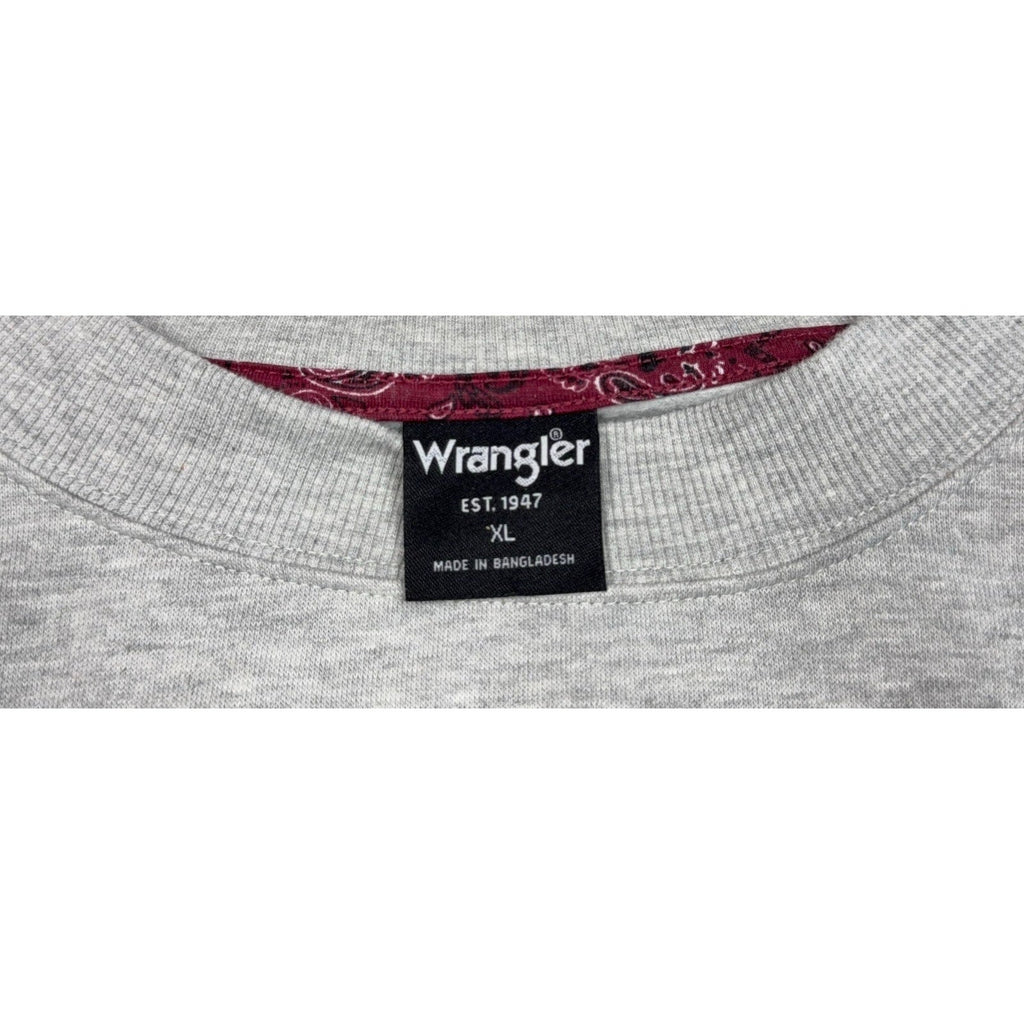 Second Half Supply Co, LLC Wrangler heather gray sweatshirt with garnet paisley neck trim and size XL label