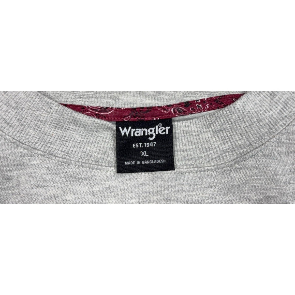 Second Half Supply Co, LLC Wrangler heather gray sweatshirt with garnet paisley neck trim and size XL label