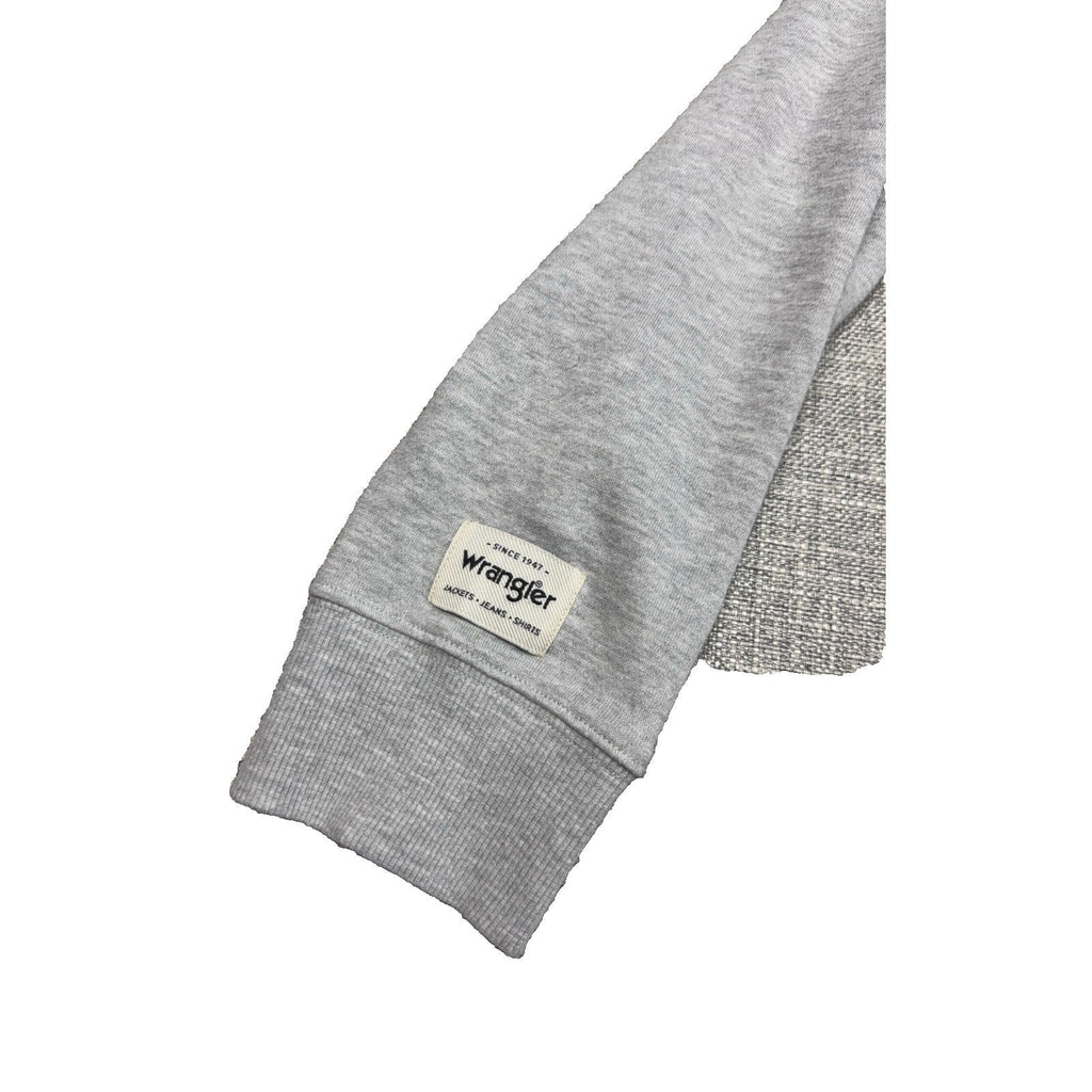 Second Half Supply Co, LLC heather gray Wrangler sweatshirt sleeve with ribbed cuff and branded fabric patch