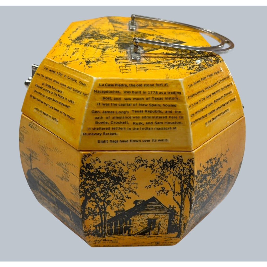 Second Half Supply Co, LLC vintage yellow octagonal wooden box purse with black Texas landmark illustrations and handle.