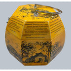 Second Half Supply Co, LLC vintage yellow octagonal wooden box purse with black Texas landmark illustrations and handle.