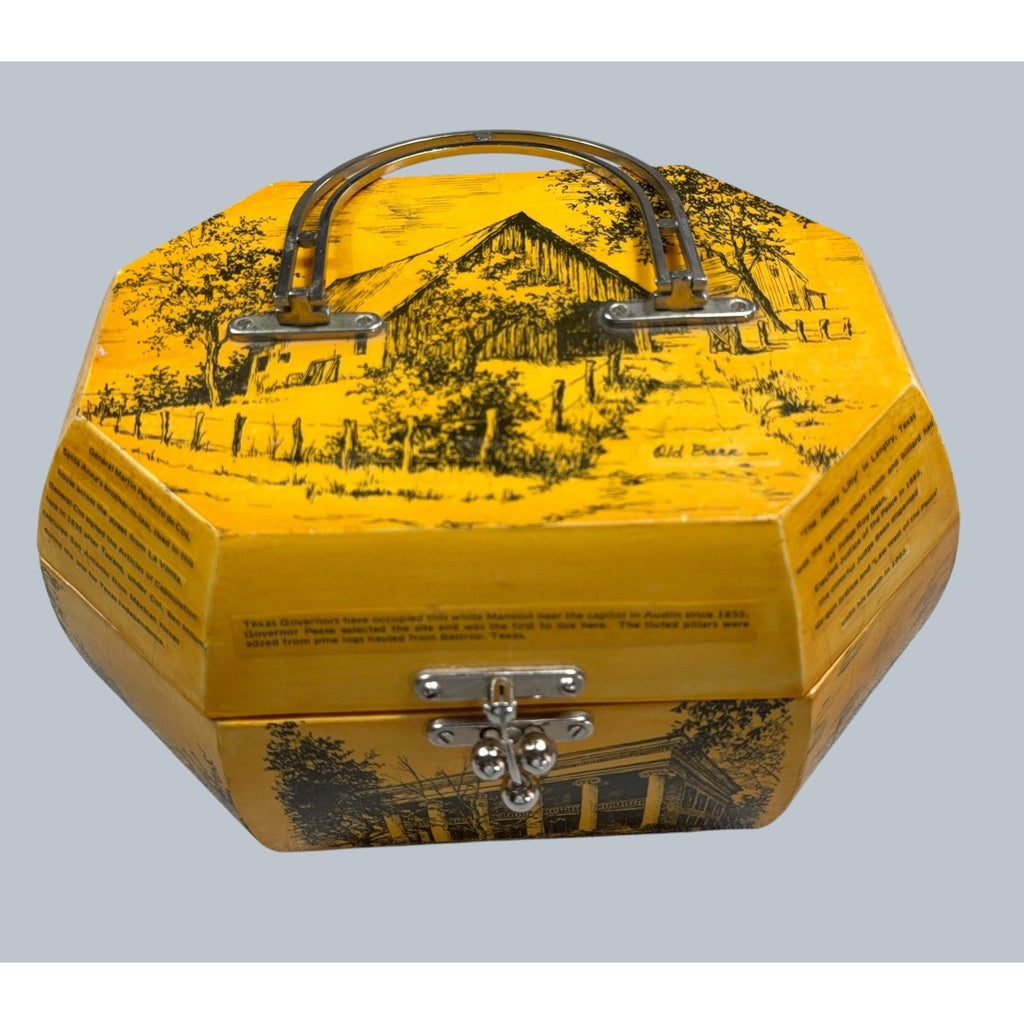 Second Half Supply Co, LLC vintage yellow octagonal wooden box purse with black Texas landmark decoupage and metal handle