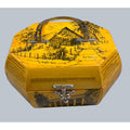 Second Half Supply Co, LLC vintage yellow octagonal wooden box purse with black Texas landmark decoupage and metal handle