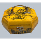 Second Half Supply Co, LLC vintage yellow octagonal wooden box purse with black Texas landmark decoupage and metal handle