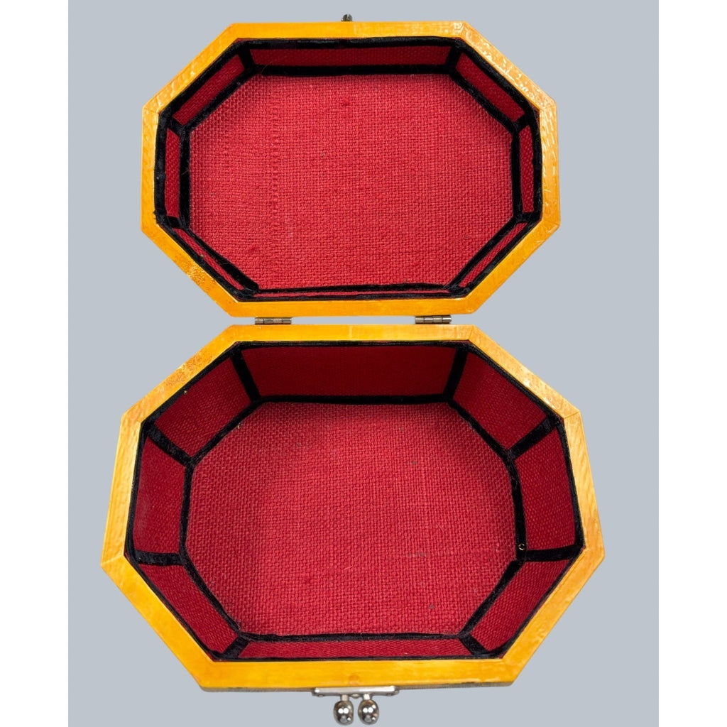 Second Half Supply Co, LLC vintage octagonal wooden box purse with yellow exterior and red fabric interior lining