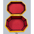 Second Half Supply Co, LLC vintage octagonal wooden box purse with yellow exterior and red fabric interior lining