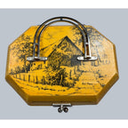 Second Half Supply Co, LLC vintage yellow octagonal wooden box purse with black Old Barn decoupage and metal handles.