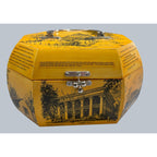 Second Half Supply Co, LLC vintage yellow octagonal wooden box purse with black Texas landmark decoupage illustrations