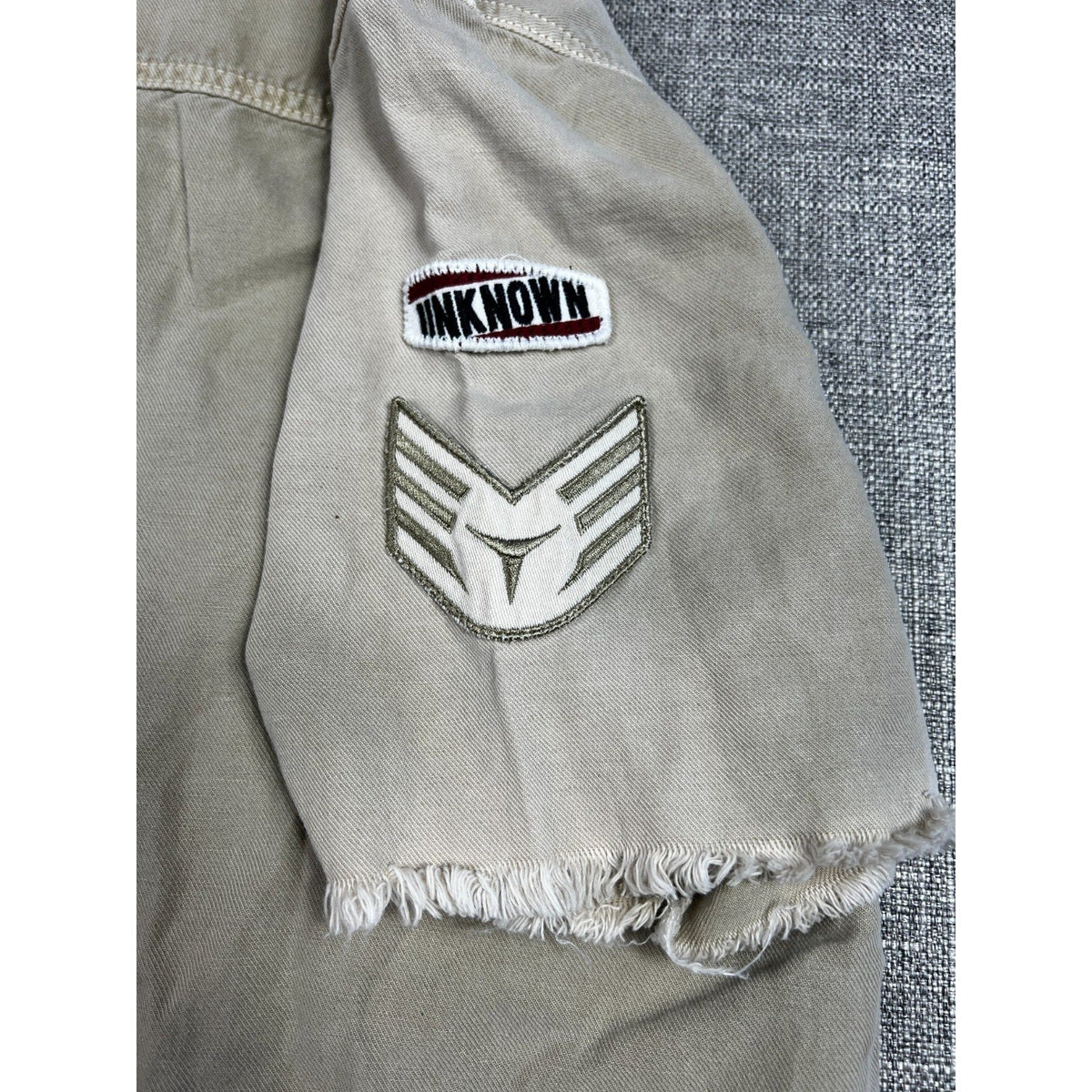 Second Half Supply Co, LLC Zara military utility shirt sleeve with embroidered patches and raw-cut distressed hem