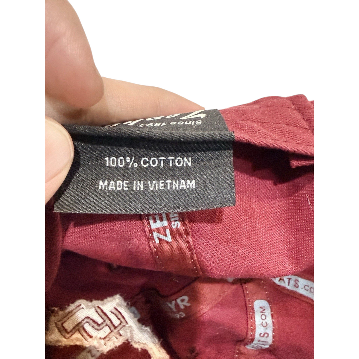 Second Half Supply Co, LLC vintage Zephyr Florida State hat interior tag showing 100 percent cotton material