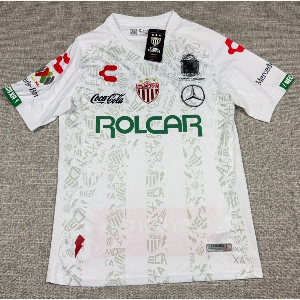 Second Half Supply Co, LLC Charly Club Necaxa 2019/20 home jersey in white with lightning pattern and sponsor logos