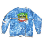 Second Half Supply Co, LLC blue tie dye Sublime band crewneck sweatshirt with a colorful sun graphic and measurements.