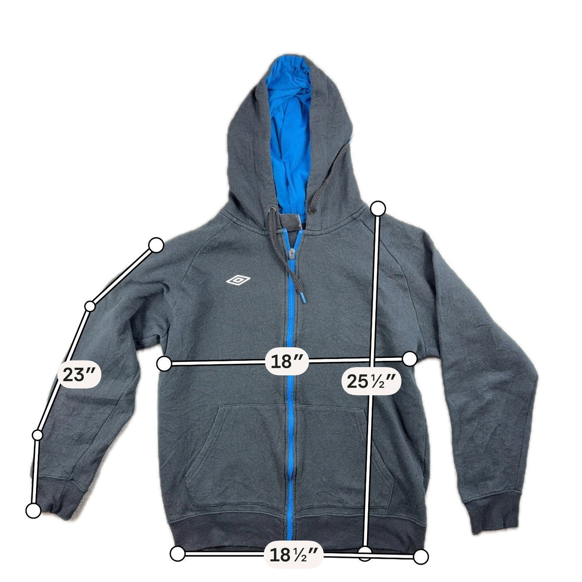 Second Half Supply Co, LLC charcoal gray Umbro full-zip hoodie with bright blue hood lining and zipper detail.