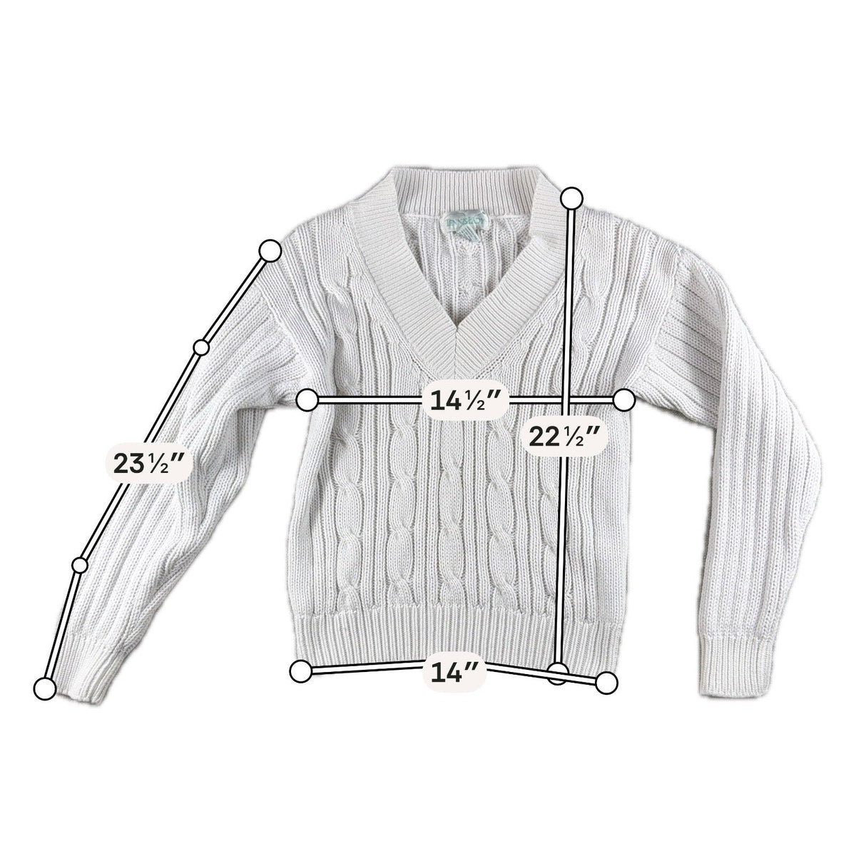 Second Half Supply Co, LLC vintage ivory white cotton cable knit V-neck sweater with measurement annotations